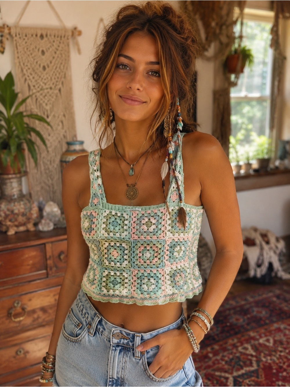 American Eagle Outfitters Pastel Crochet Square Crop Top - Green Pink Cream